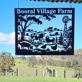 A Booral farm silhouette design with a windmill, trees, and various farm animals.
This one is approx 900mm x 700mm