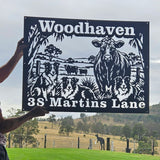 Angus cow with 3 Collies Property Sign with address